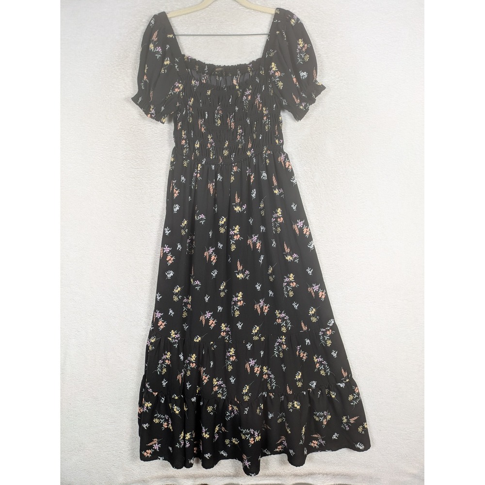 Hesperus Maxi Dress Women's Medium Black Floral Smocked Tiered Puff Sleeve